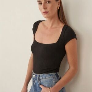 Reformation Jeans Ribbed Cap Sleeve Tee in XL Black